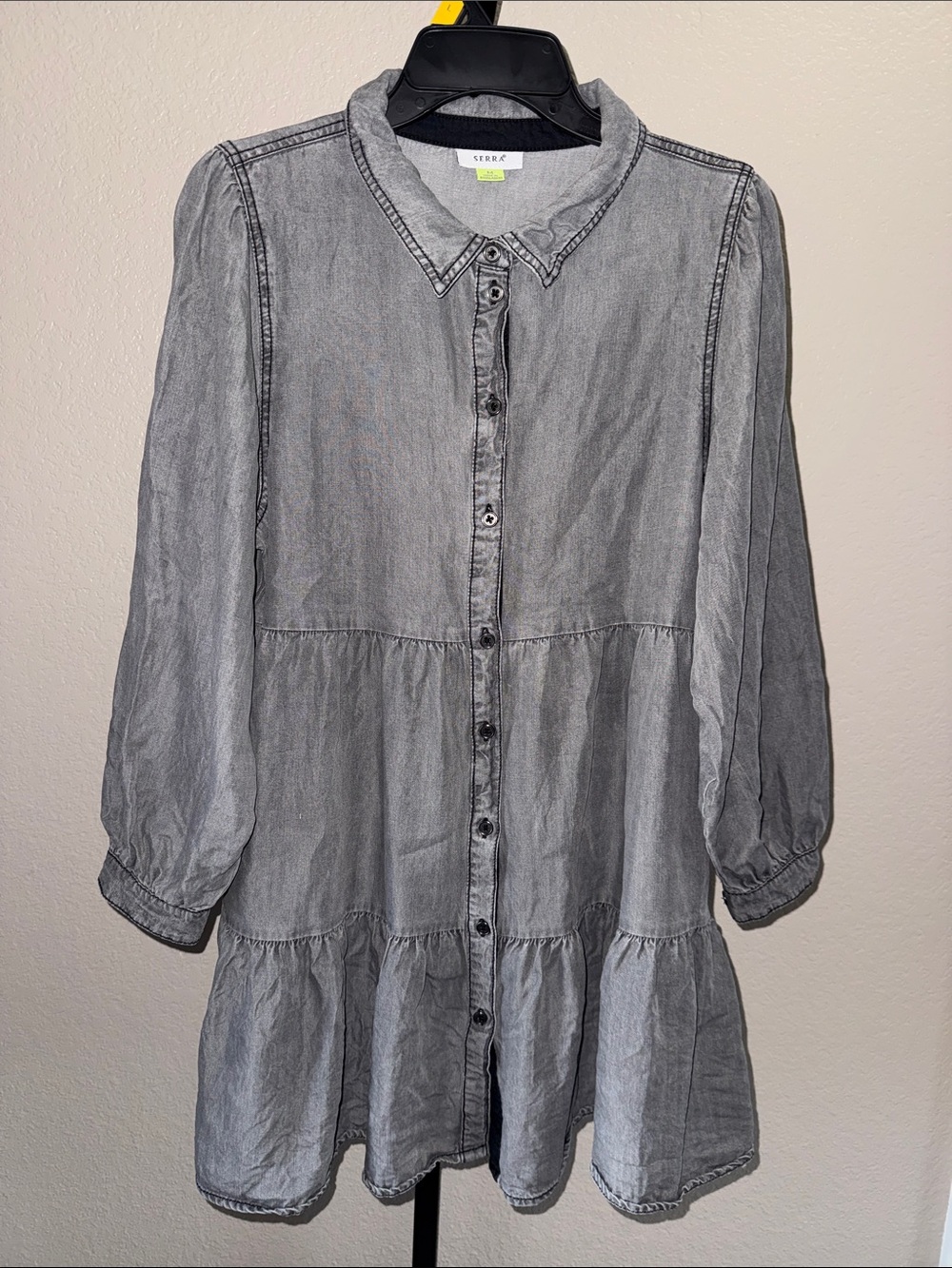Serra Gray Tiered Button-Front Shirt Dress Medium